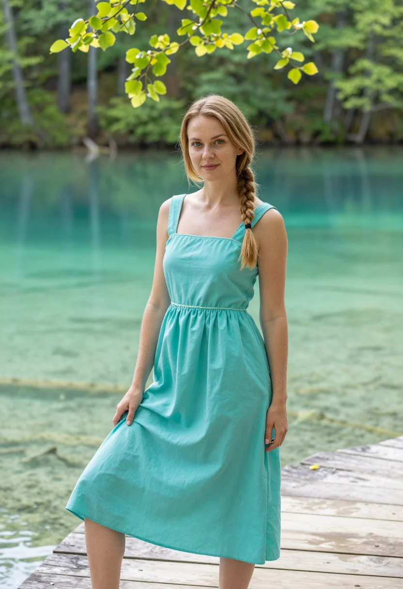 AI plitvice lakes may turquoise sample — portrait of a woman, framed half-length from the head to the