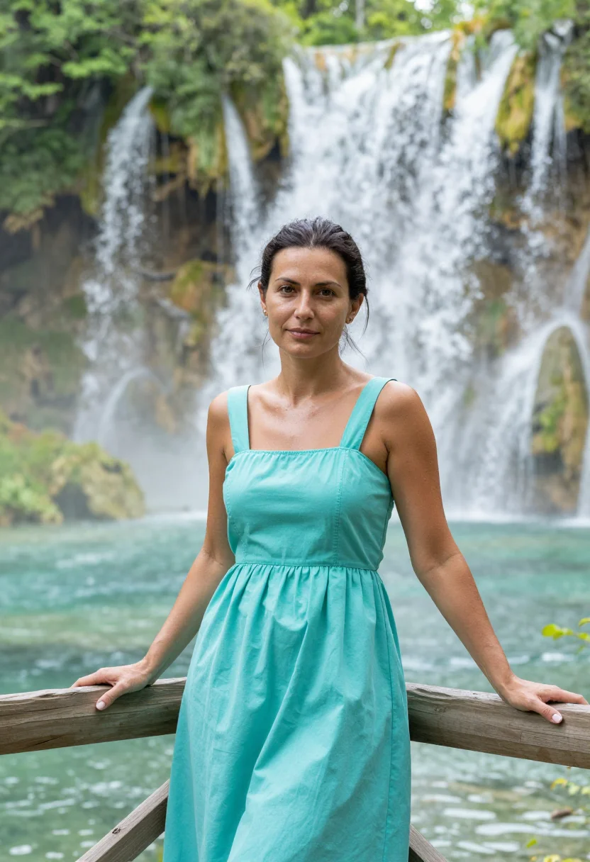 AI plitvice lakes may turquoise sample — portrait of a woman, framed half-length from the head to the