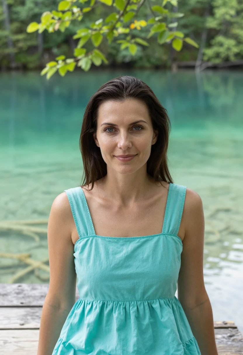 AI plitvice lakes may turquoise sample — portrait of a woman, framed tight, head and shoulders, the b