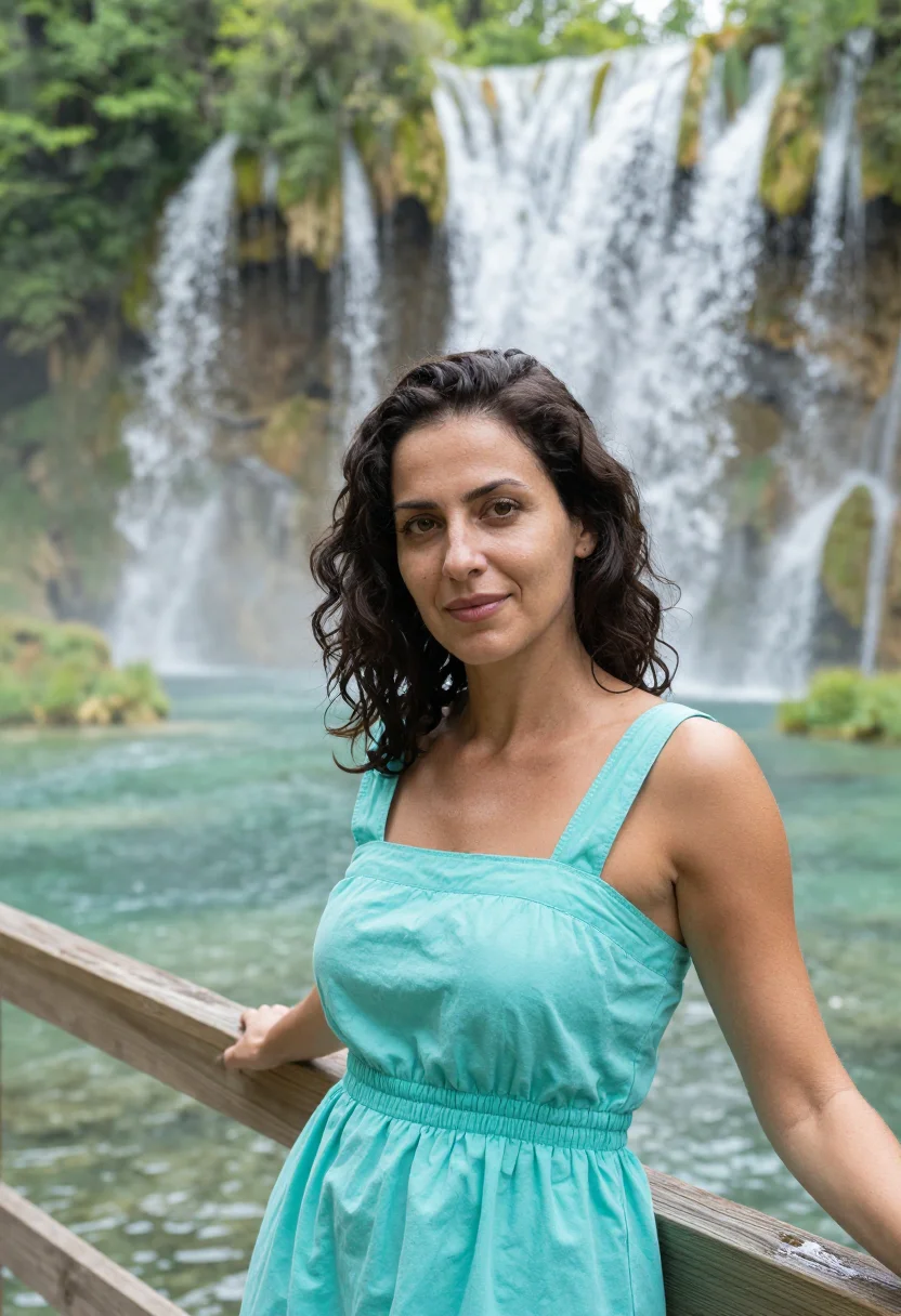 AI plitvice lakes may turquoise sample — portrait of a woman, framed tight, head and shoulders, the b