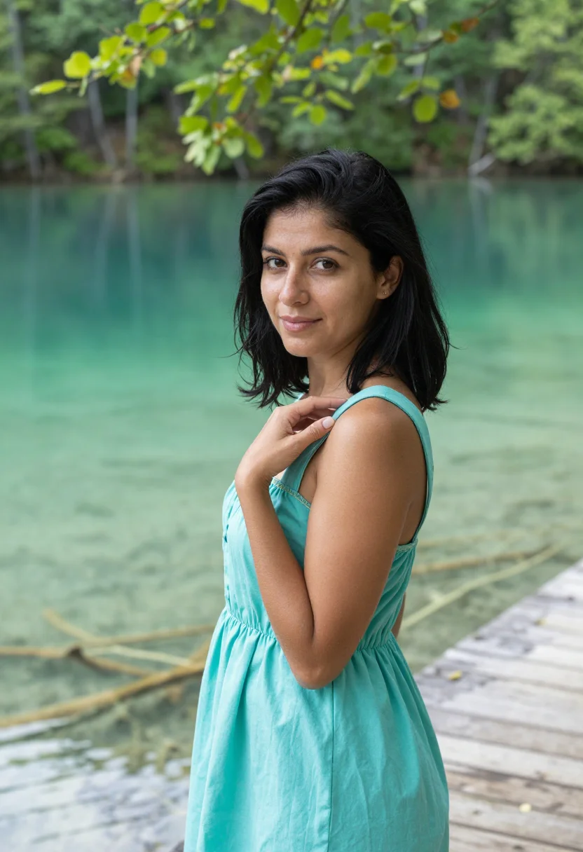 AI plitvice lakes may turquoise sample — portrait of a woman, framed chest-up, cropped at the ribs, t