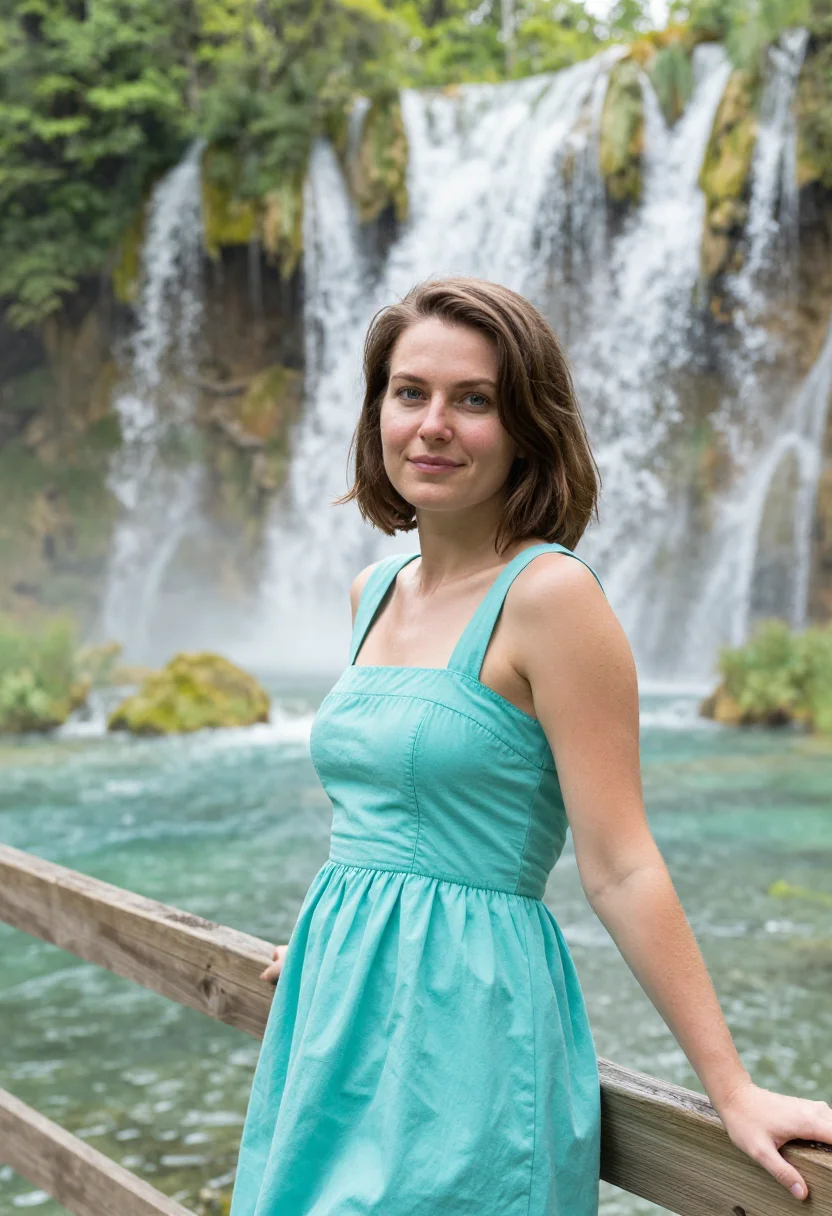 AI plitvice lakes may turquoise sample — portrait of a woman, framed chest-up, cropped at the ribs, t