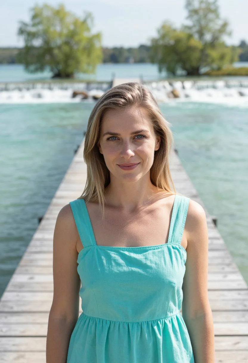 AI plitvice lakes may turquoise sample — portrait of a woman, framed tight, head and shoulders, the b