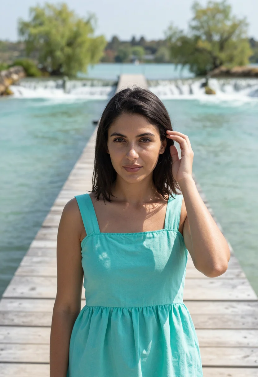 AI plitvice lakes may turquoise sample — portrait of a woman, framed chest-up, cropped at the ribs, t