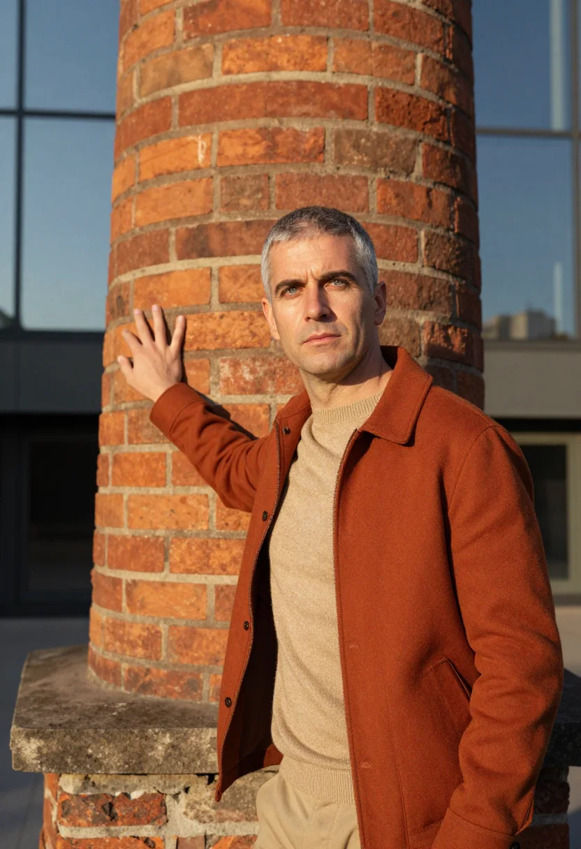 AI poblenou founder brick chimney sample — portrait of a man, framed chest-up, cropped at the ribs, the