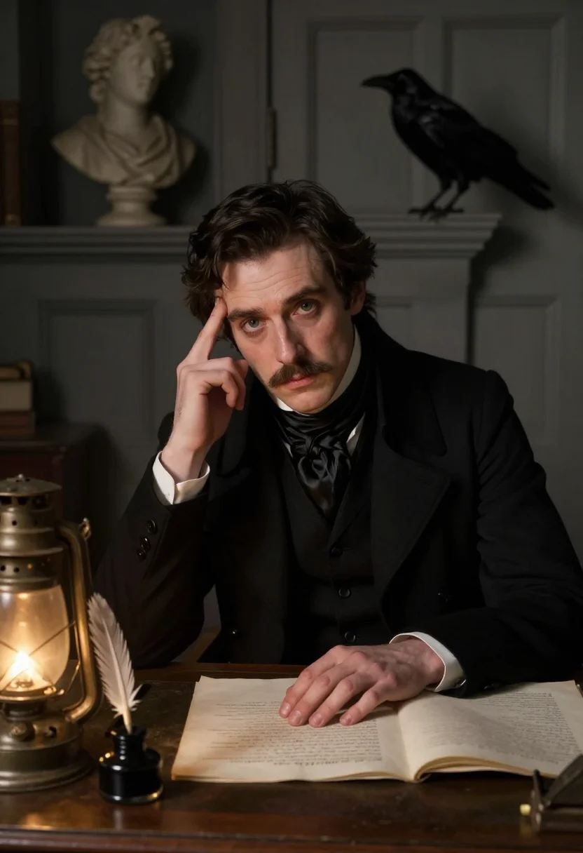 AI poe raven sample — portrait of a man, seated half-length three-quarter portrait