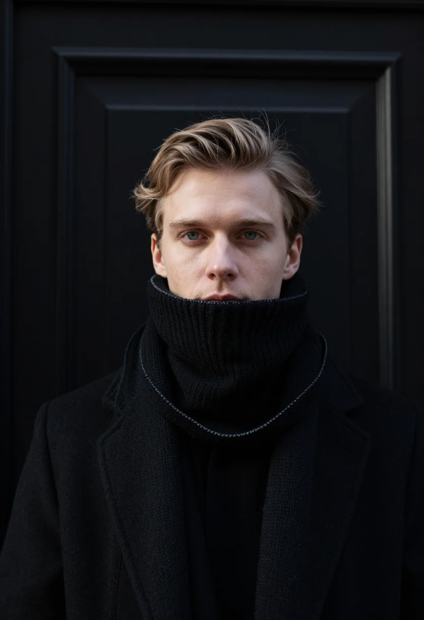 AI poet black scarf sample — portrait of a man, framed tight on the head and the top of t