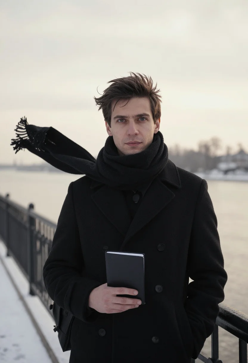 AI poet black scarf sample — portrait of a man, framed head and shoulders, the body close