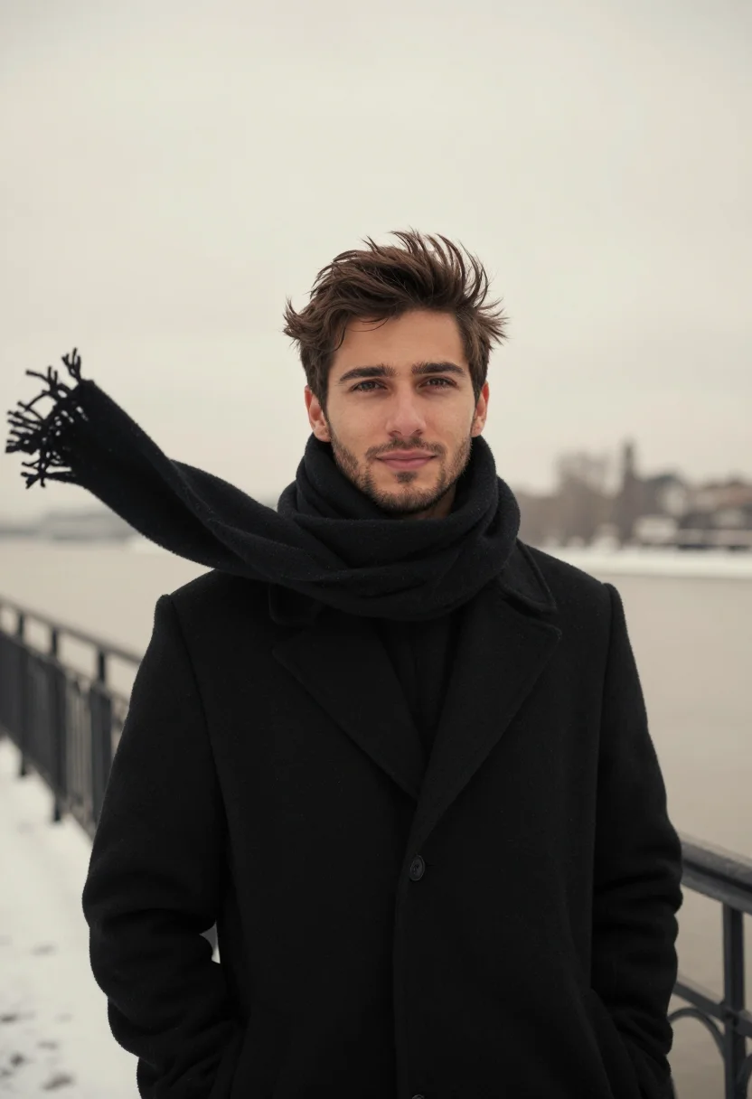AI poet black scarf sample — portrait of a man, framed tight on the head and the top of t