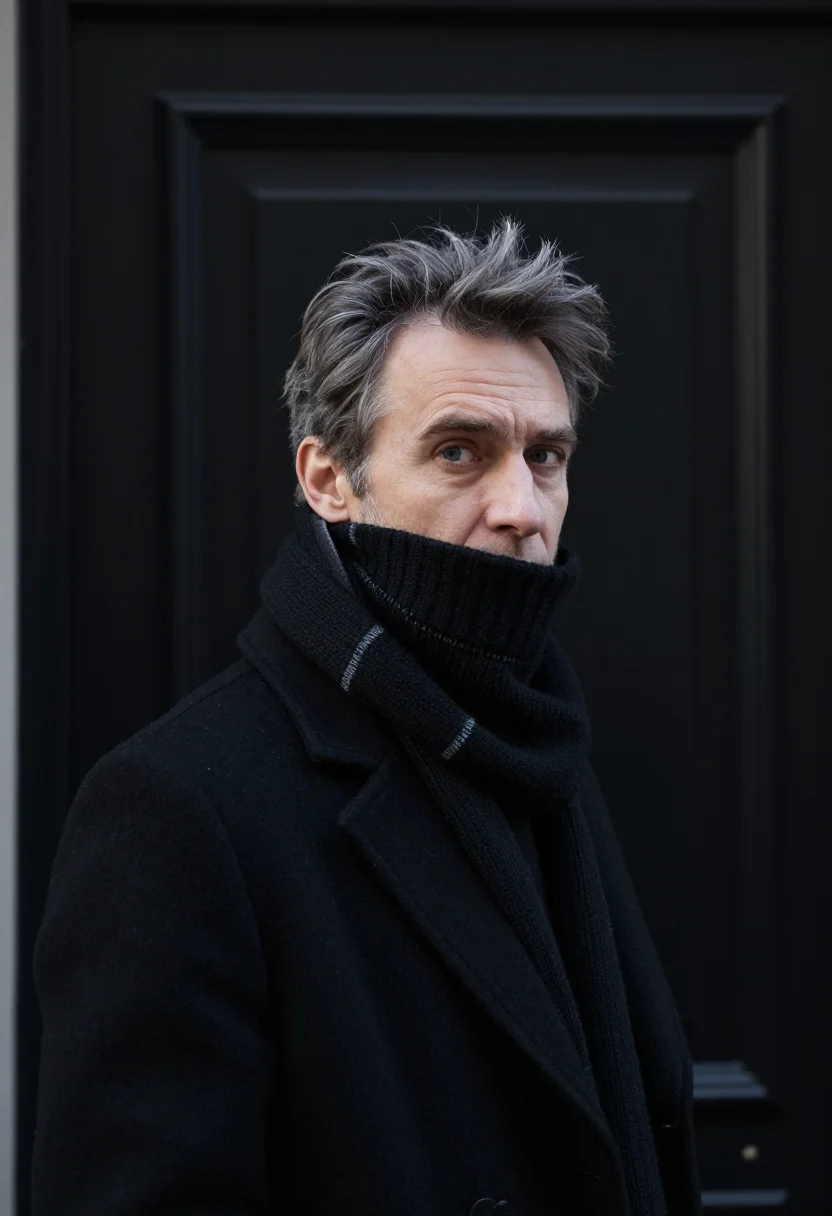 AI poet black scarf sample — portrait of a man, framed head and shoulders, the body close