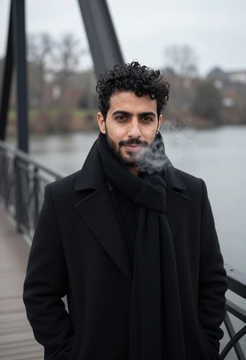 AI poet black scarf sample — portrait of a man, framed head and shoulders, the body close