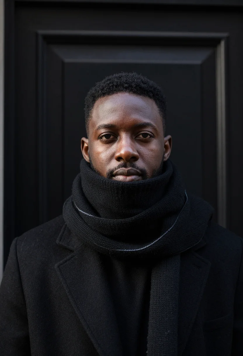 AI poet black scarf sample — portrait of a man, framed tight on the head and the top of t
