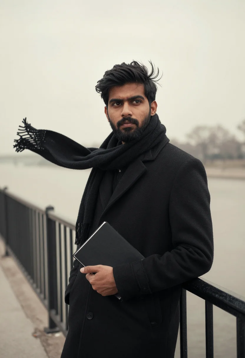 AI poet black scarf sample — portrait of a man, framed chest-up from the ribs, the body c