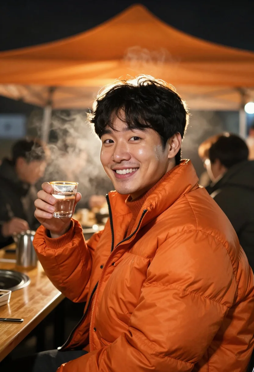 AI pojangmacha orange sample — portrait of a man, framed chest-up from the ribs with the bo