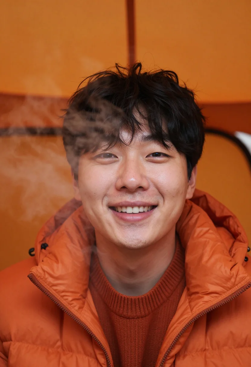 AI pojangmacha orange sample — portrait of a man, framed tight on the face from the collarb