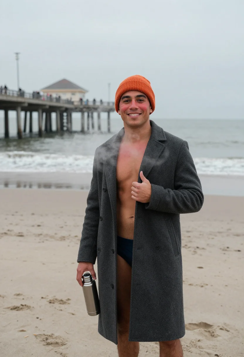 AI polar plunge sample — portrait of a man, in his late twenties with golden-brown sk