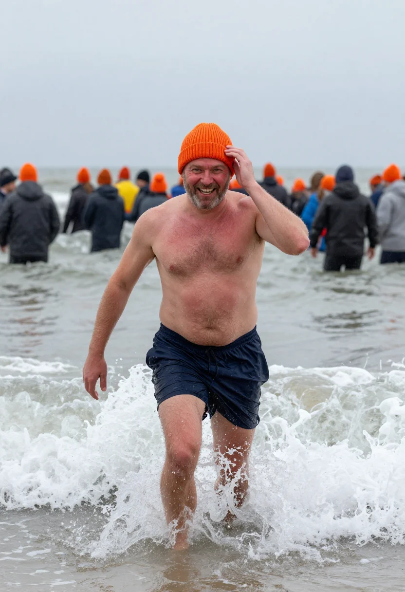 AI polar plunge sample — portrait of a man, in his mid-forties with ruddy fair skin,
