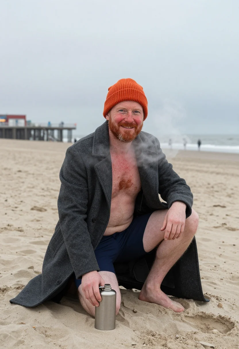 AI polar plunge sample — portrait of a man, in his early fifties with freckled fair s