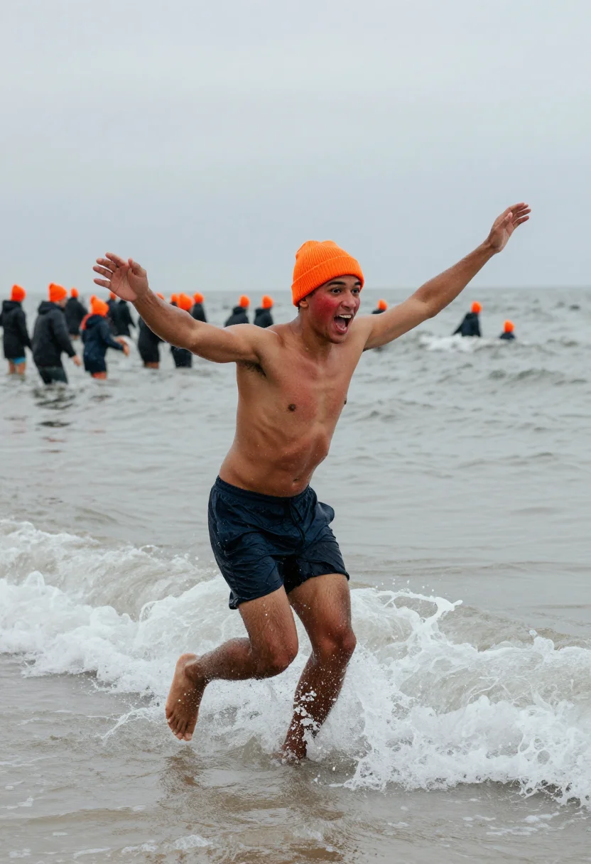 AI polar plunge sample — portrait of a man, in his late twenties with deep brown skin