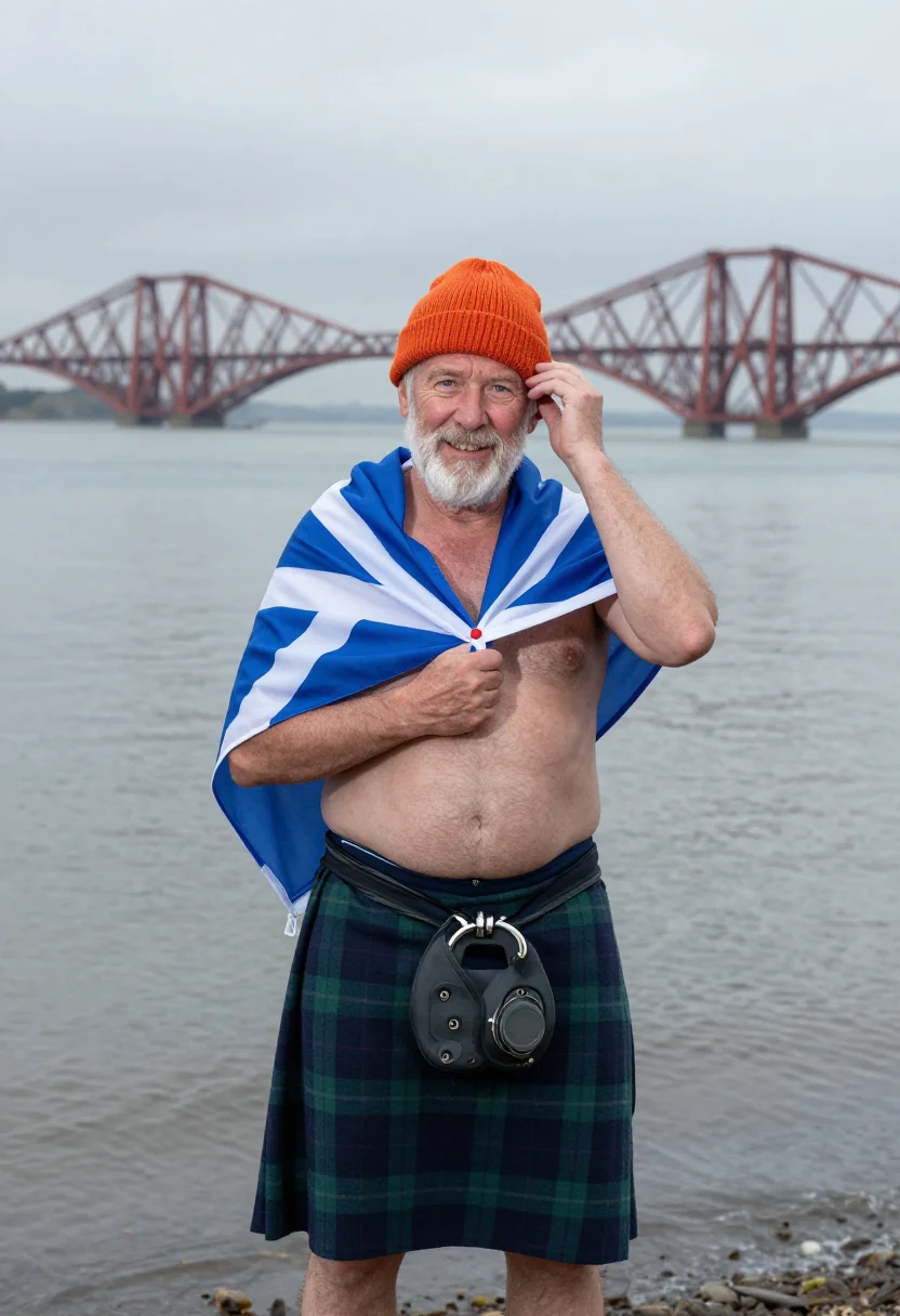 AI polar plunge sample — portrait of a man, in his mid-sixties with weathered fair sk