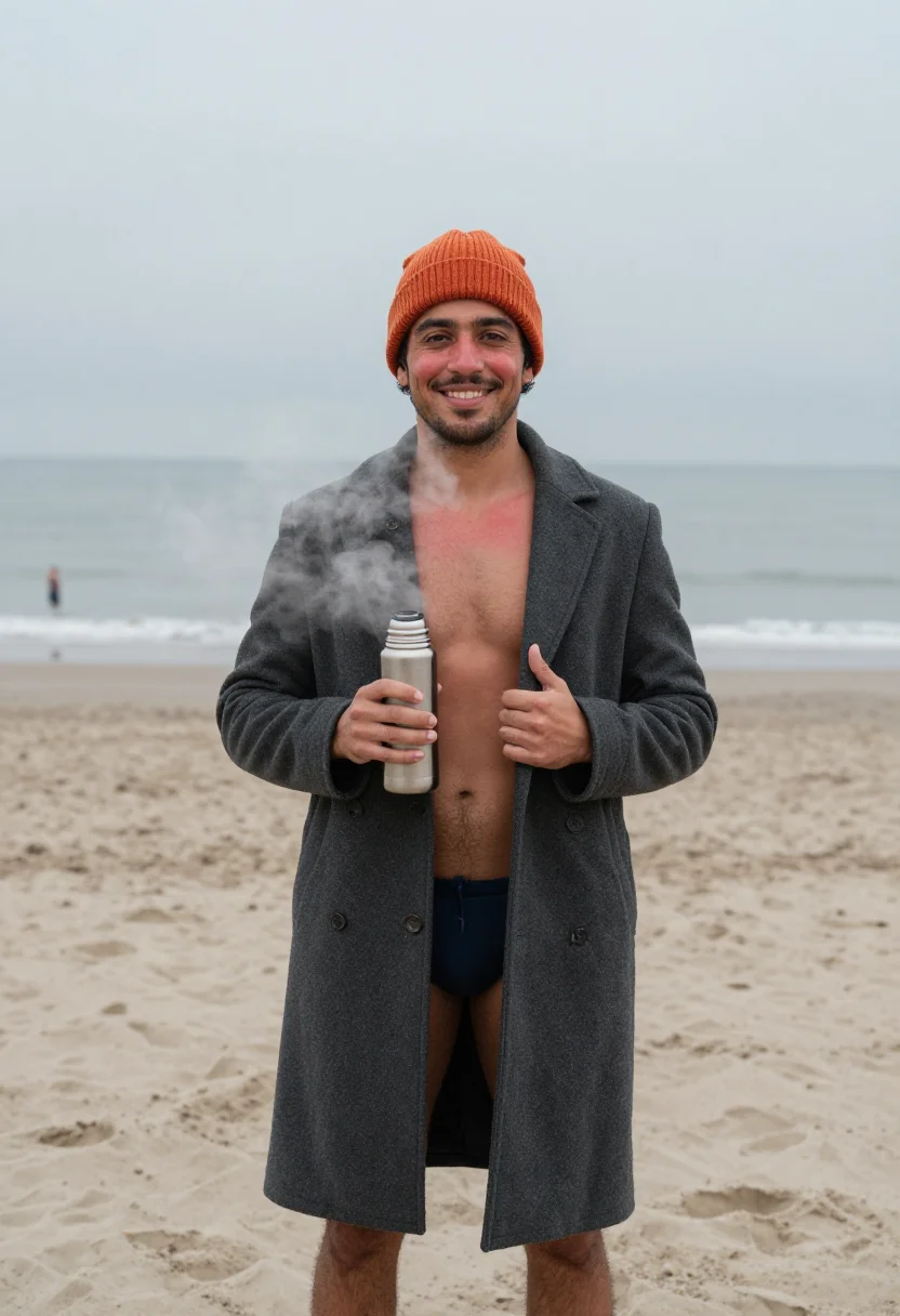 AI polar plunge sample — portrait of a man, in his mid-thirties with warm olive skin,