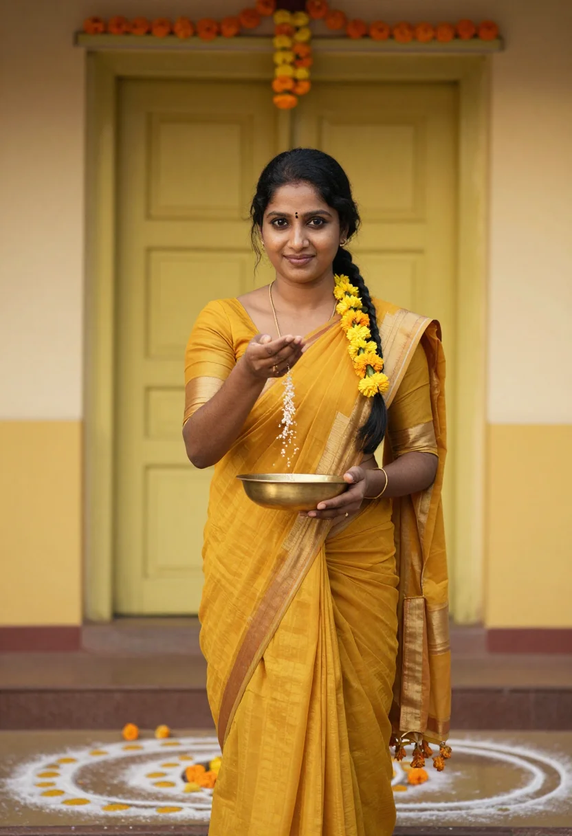 AI pongal kolam madurai yellow sample — portrait of a woman, framed chest-up, cropped at the ribs, t