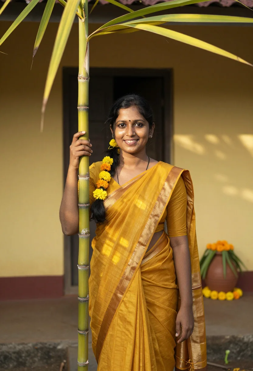 AI pongal kolam madurai yellow sample — portrait of a woman, framed three-quarter length from the he