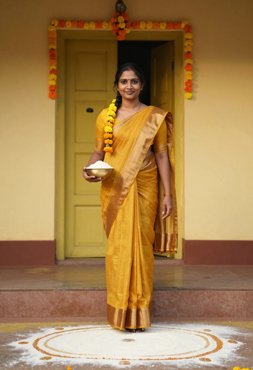 AI pongal kolam madurai yellow sample — portrait of a woman, framed full-length from the head to the