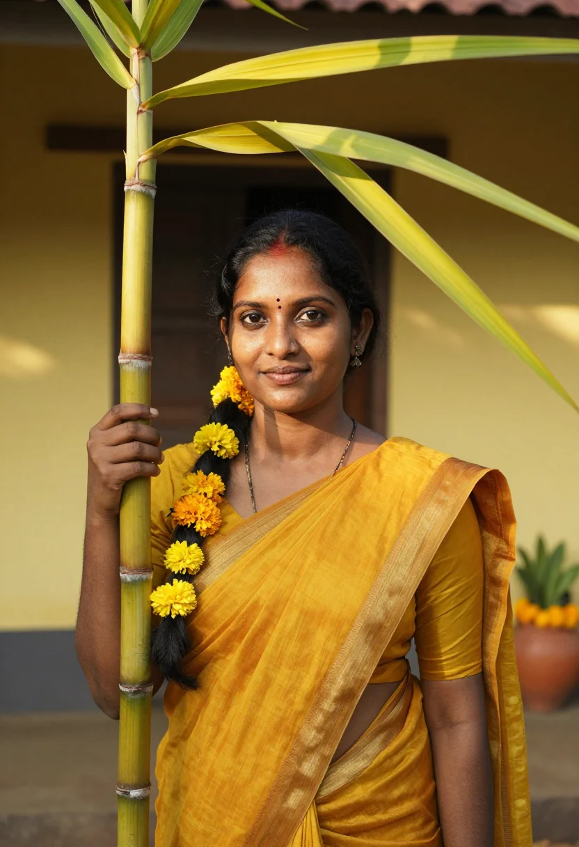AI pongal kolam madurai yellow sample — portrait of a woman, framed tight, head and shoulders, the b