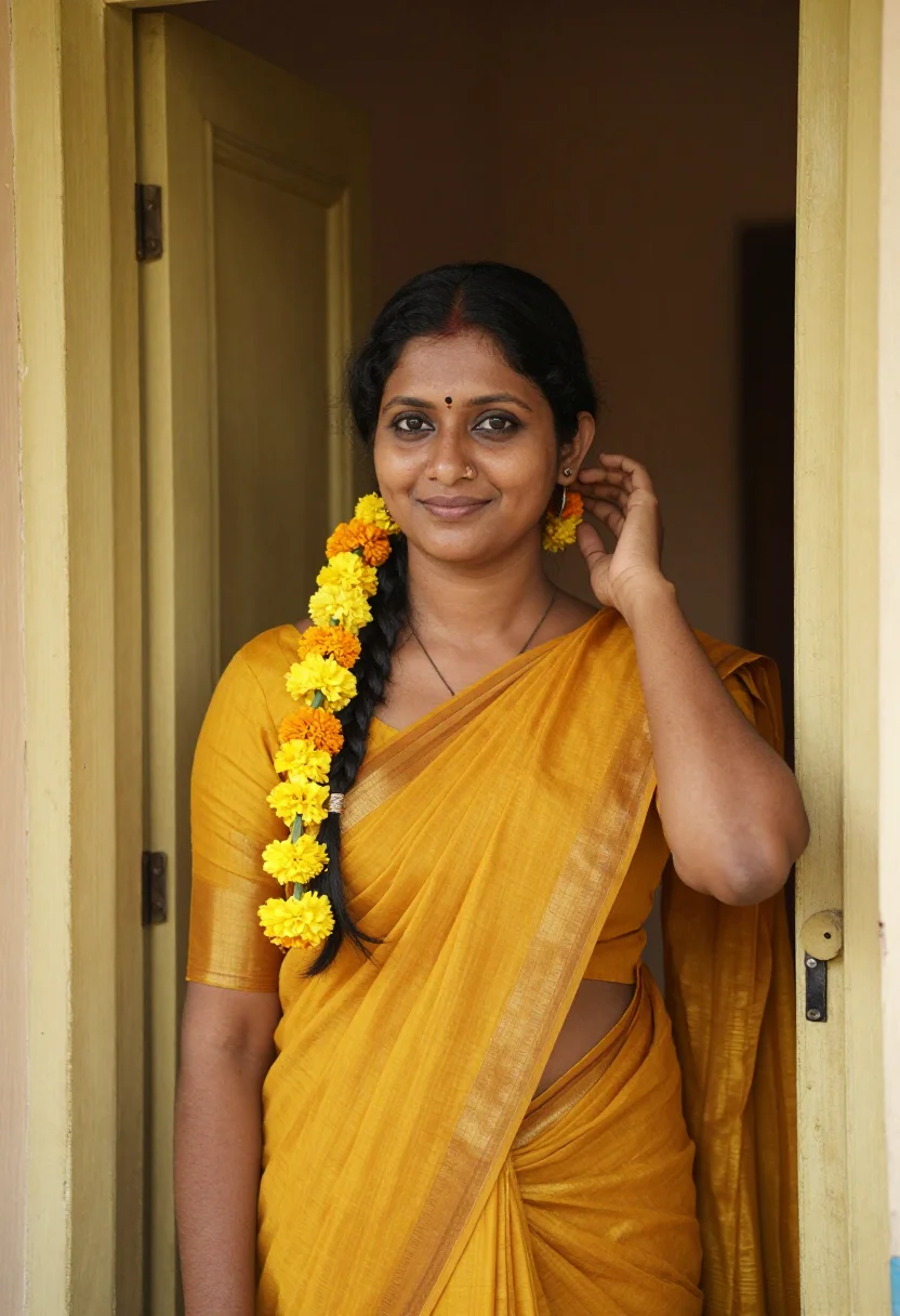 AI pongal kolam madurai yellow sample — portrait of a woman, framed chest-up, cropped at the ribs, t