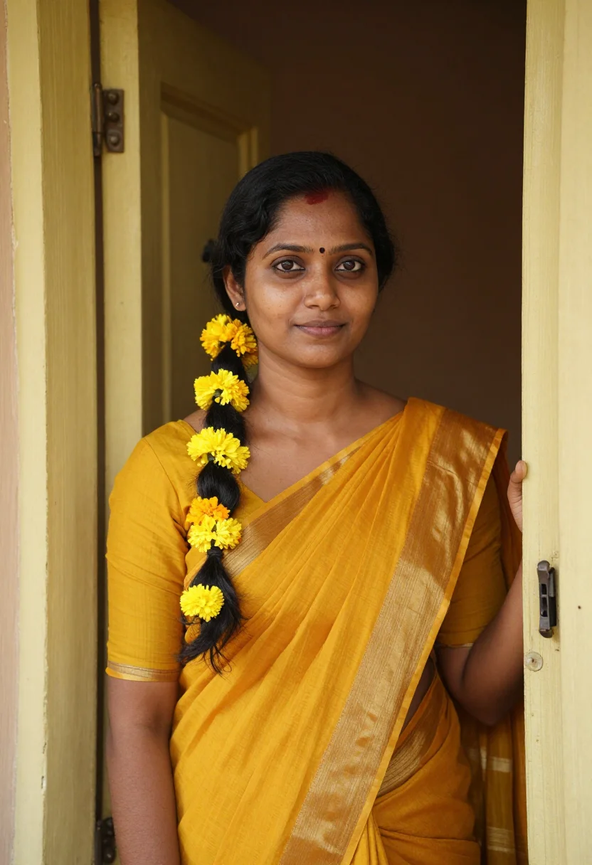 AI pongal kolam madurai yellow sample — portrait of a woman, framed tight, head and shoulders, the b