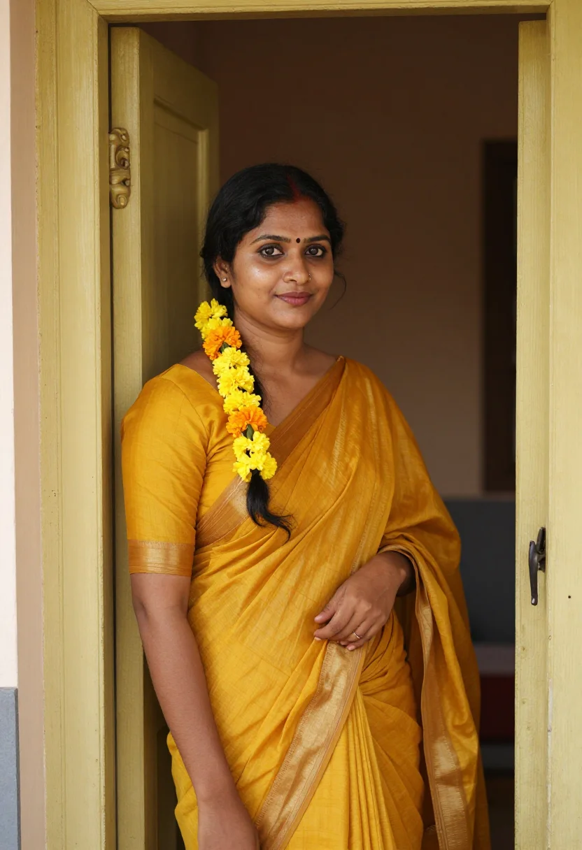 AI pongal kolam madurai yellow sample — portrait of a woman, framed half-length from the head to the