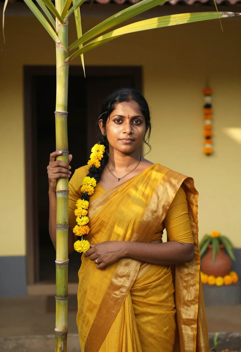 AI pongal kolam madurai yellow sample — portrait of a woman, framed chest-up, cropped at the ribs, t