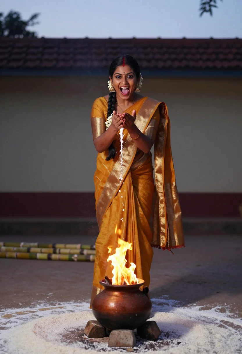 AI pongal sample — portrait of a woman, three-quarter portrait from mid-thigh u