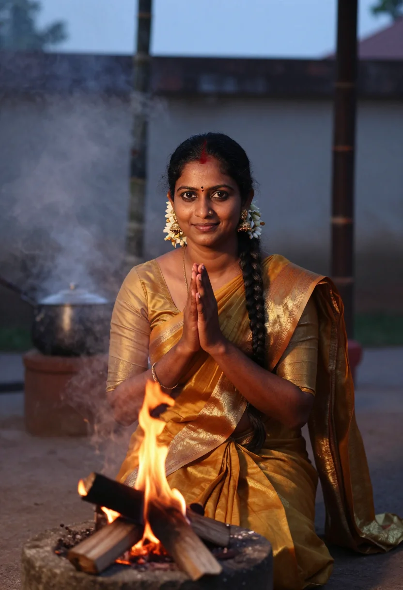 AI pongal sample — portrait of a woman, close bust portrait of a Tamil South-As