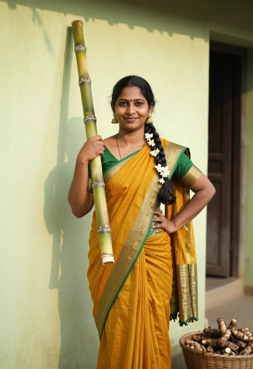 AI pongal sample — portrait of a woman, three-quarter portrait from mid-thigh u