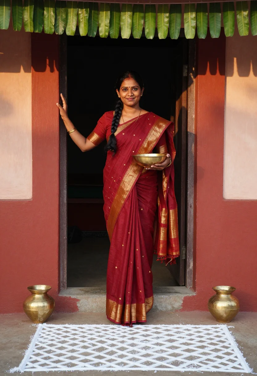 AI pongal sample — portrait of a woman, three-quarter portrait from mid-thigh u