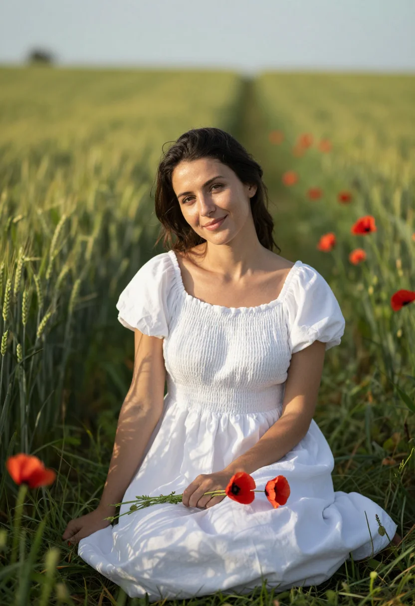 AI poppy meadow may red date sample — portrait of a woman, framed half-length from the head to the