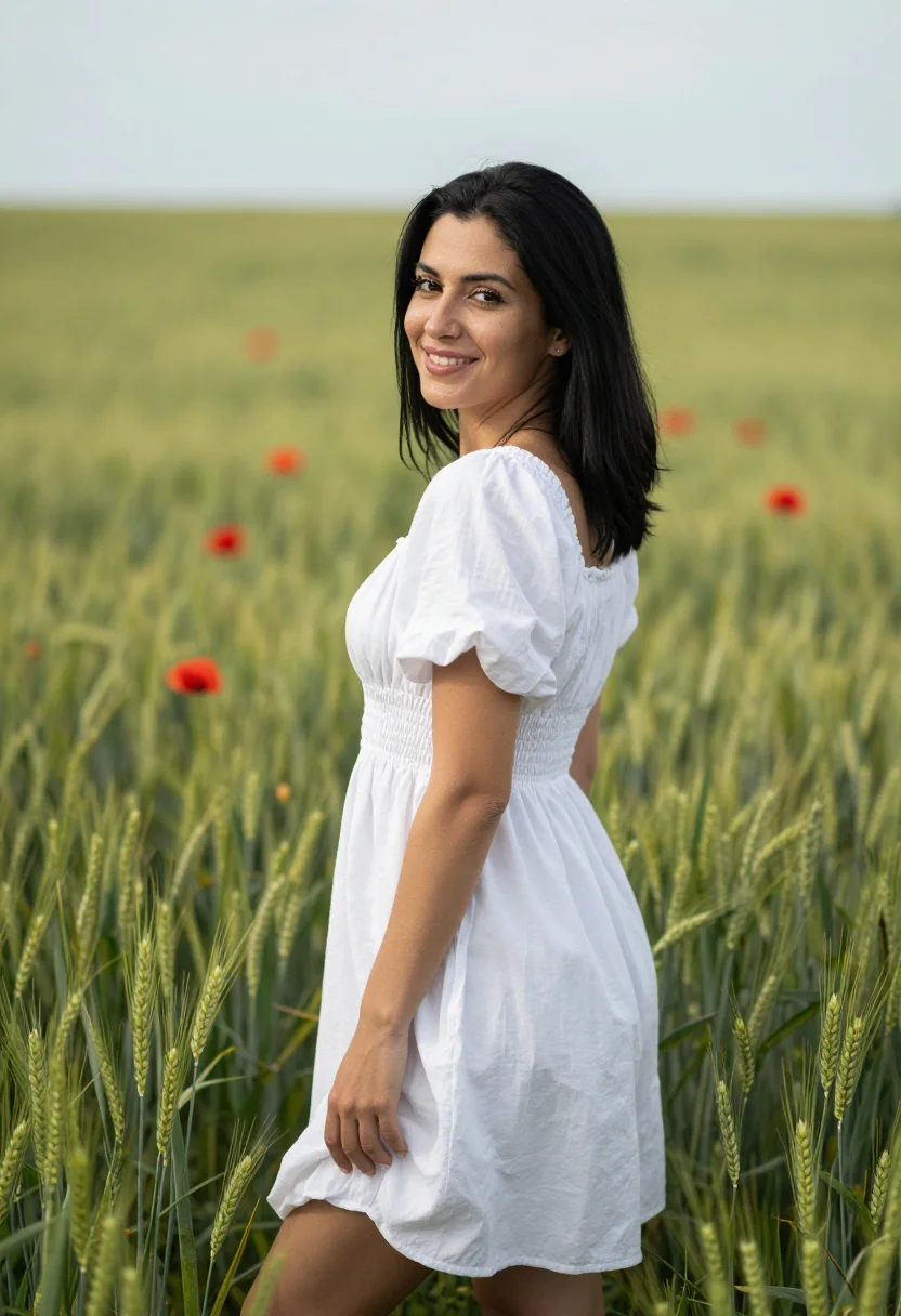 AI poppy meadow may red date sample — portrait of a woman, framed half-length from the head to the