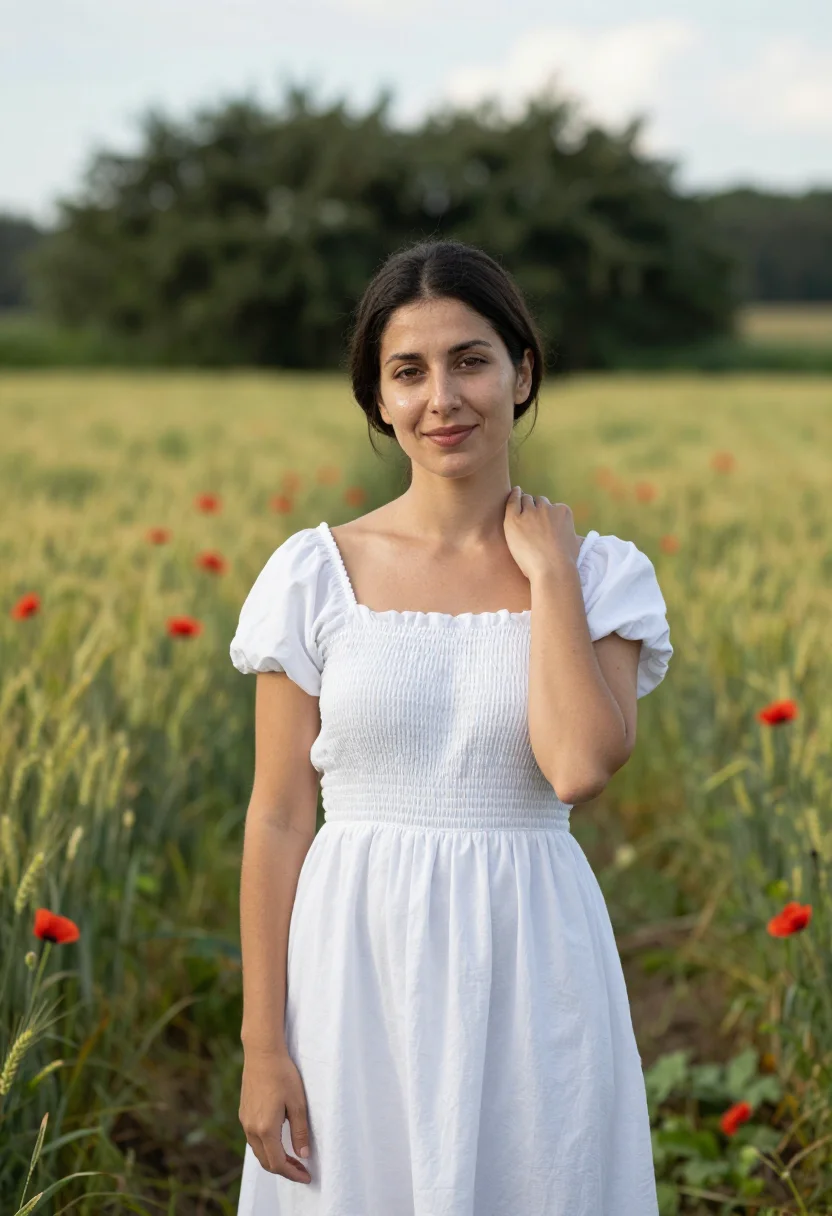 AI poppy meadow may red date sample — portrait of a woman, framed chest-up from the head to mid-ch