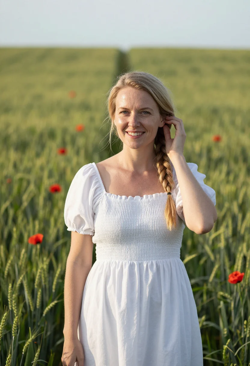 AI poppy meadow may red date sample — portrait of a woman, framed chest-up from the head to mid-ch