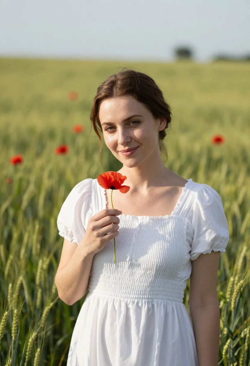 AI poppy meadow may red date sample — portrait of a woman, framed chest-up from the head to mid-ch