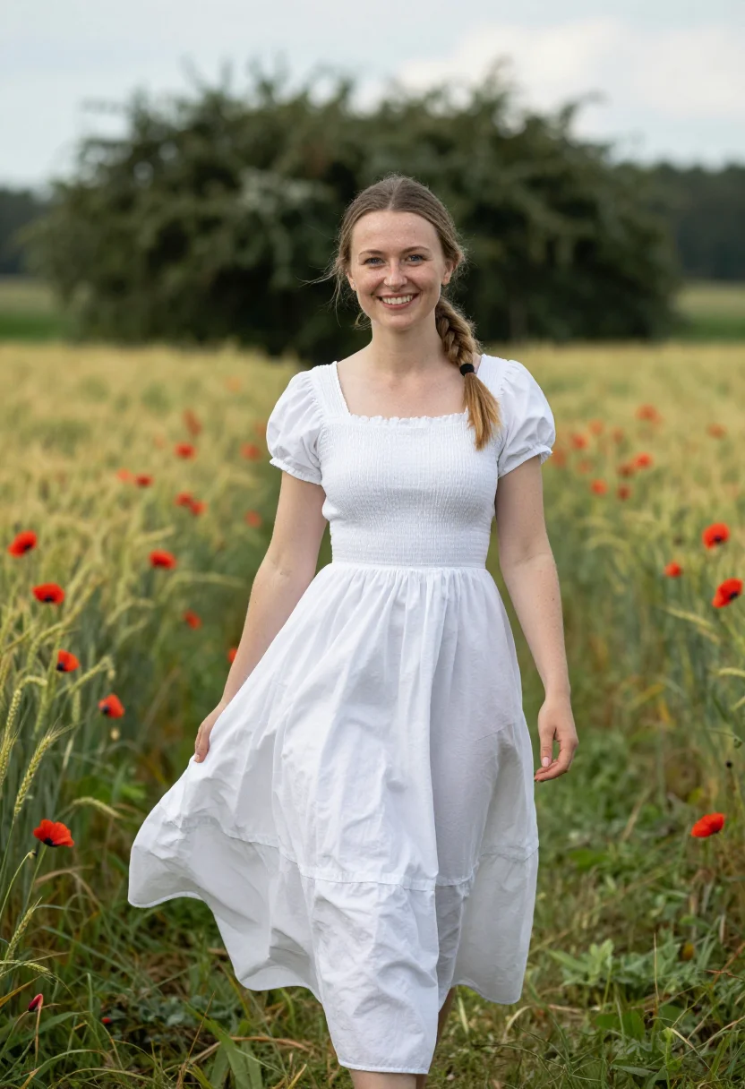 AI poppy meadow may red date sample — portrait of a woman, framed half-length from the head to the