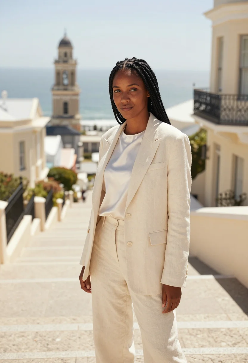 AI port elizabeth architect victorian seafront cream sample — portrait of a woman, a Sotho architect in her early thirties