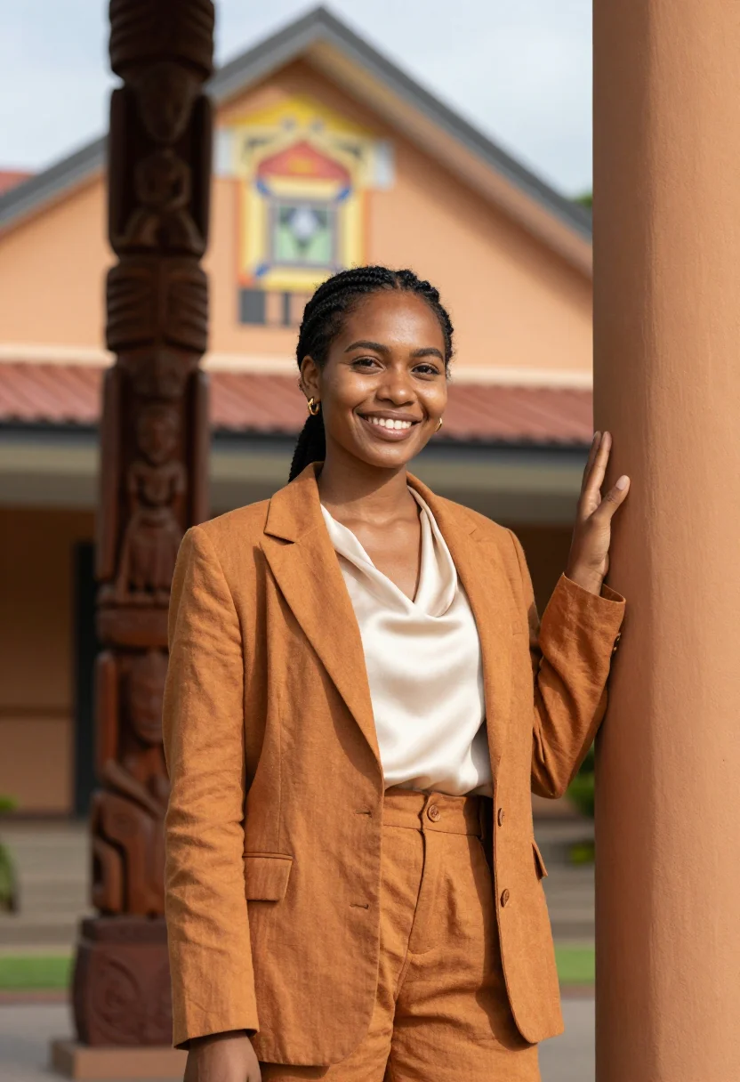 AI port moresby architect haus tambaran ochre sample — portrait of a woman, an architect in her early thirties of P