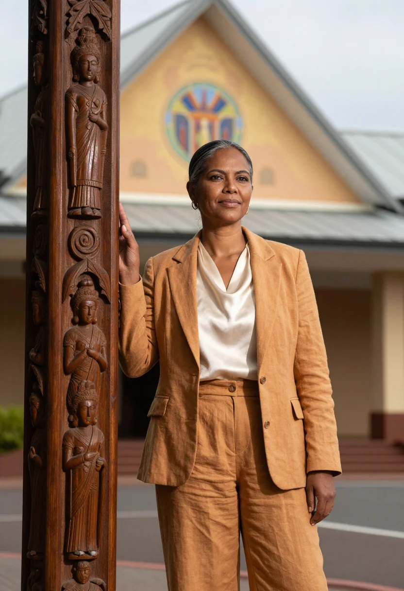 AI port moresby architect haus tambaran ochre sample — portrait of a woman, an architect in her fifties of Indian d
