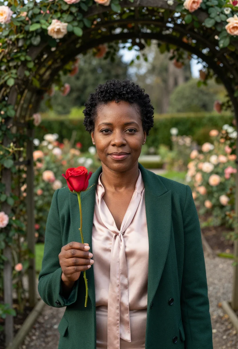 AI portland rose garden curator palette sample — portrait of a woman, African-American, in her mid-forties, w