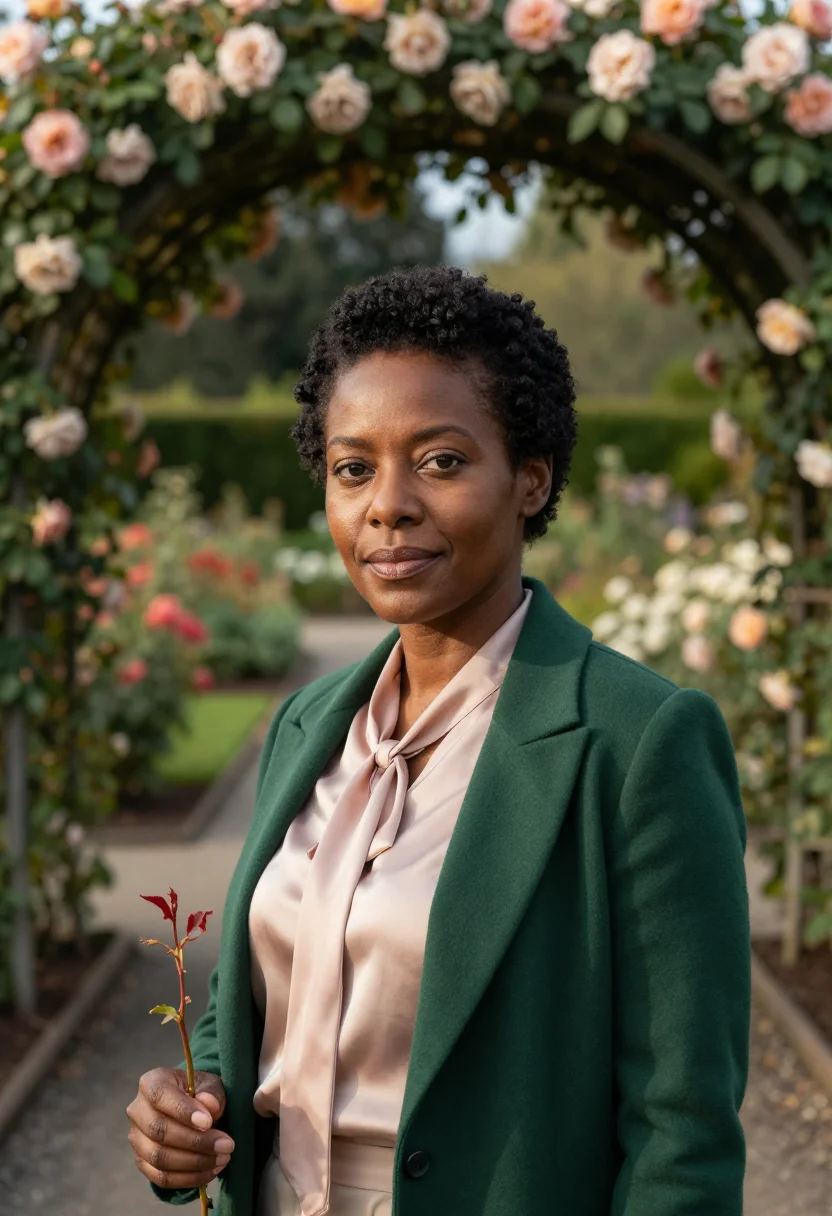 AI portland rose garden curator palette sample — portrait of a woman, African-American, in her mid-forties, w