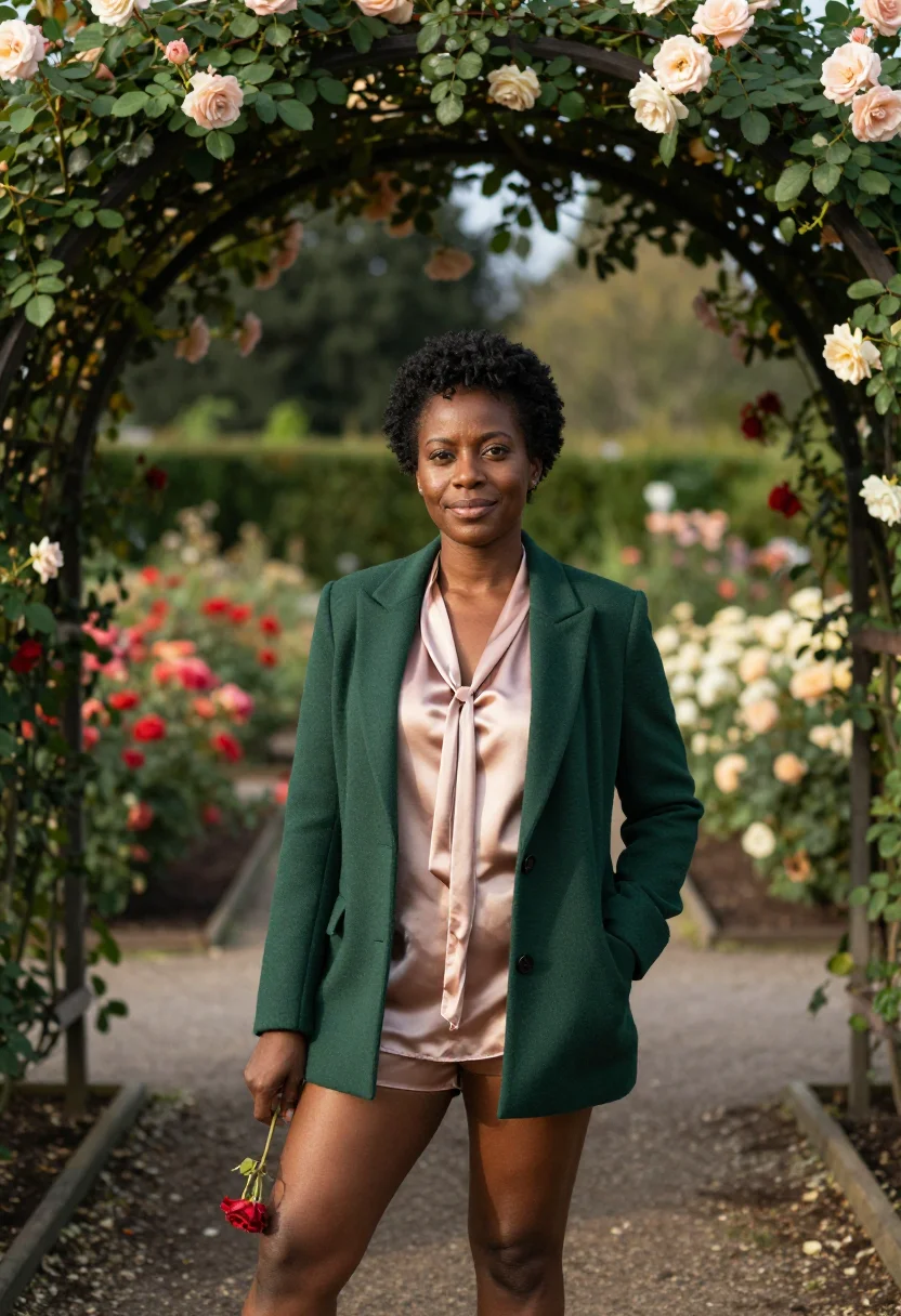 AI portland rose garden curator palette sample — portrait of a woman, African-American, in her mid-forties, w