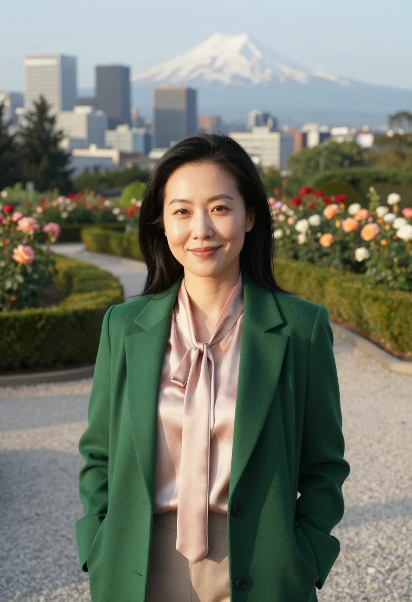AI portland rose garden curator palette sample — portrait of a woman, Korean-American, in her early thirties,